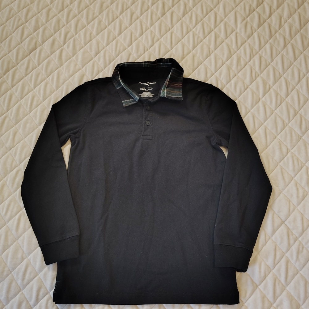 Tommy Bahama Kids Black Polo with Plaid Collar